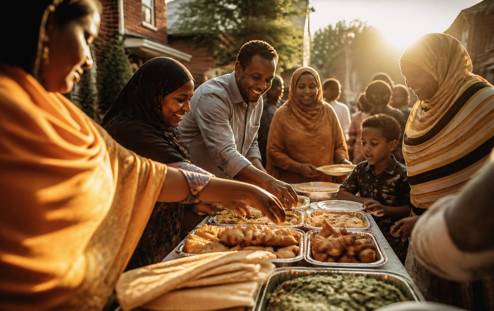 Neighbors serving East African snacks at an outdoor block party table