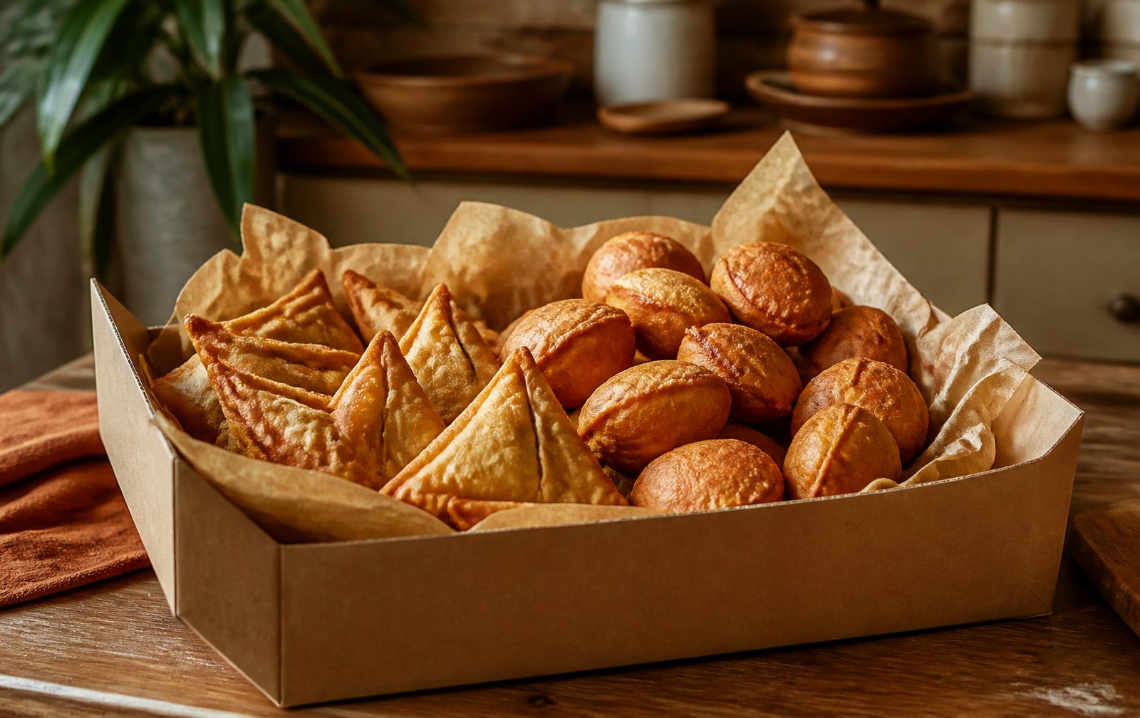A kraft box packed with mandazis and hand-folded samosas