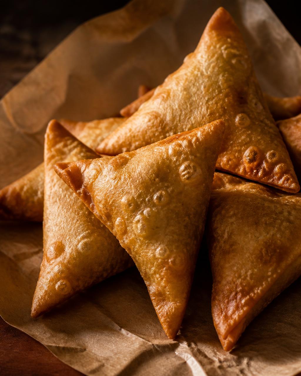 Close-up of golden hand-folded East African samosas stacked on brown parchment